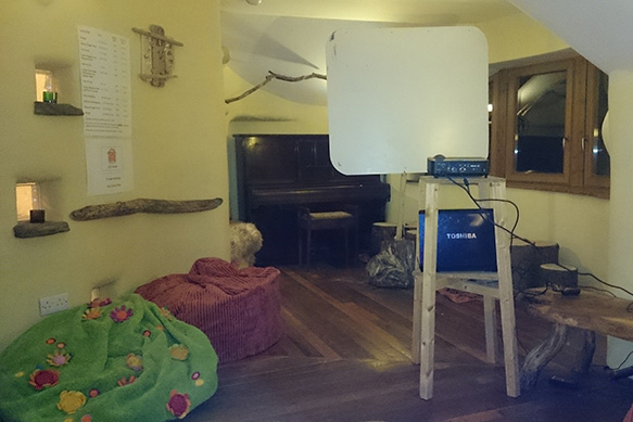 sunset lounge with projector and screen